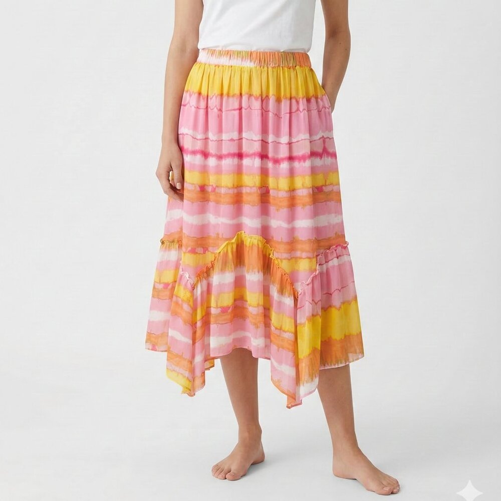 Scoop Skirt Pink Yellow Tiered Midi Festival Summer Colorful Stripes L